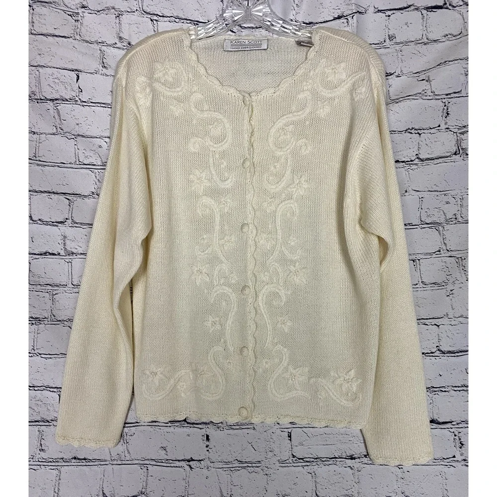 Vtg Wool Karen Scott Hand Embroidered Floral Oversized S Ivory Granny‎ Cardigan